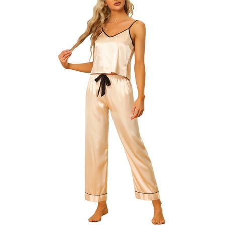 

cheibear Women s Summer Suspenders Soft Ice Silk Pajamas Home Clothes Three Piece Set