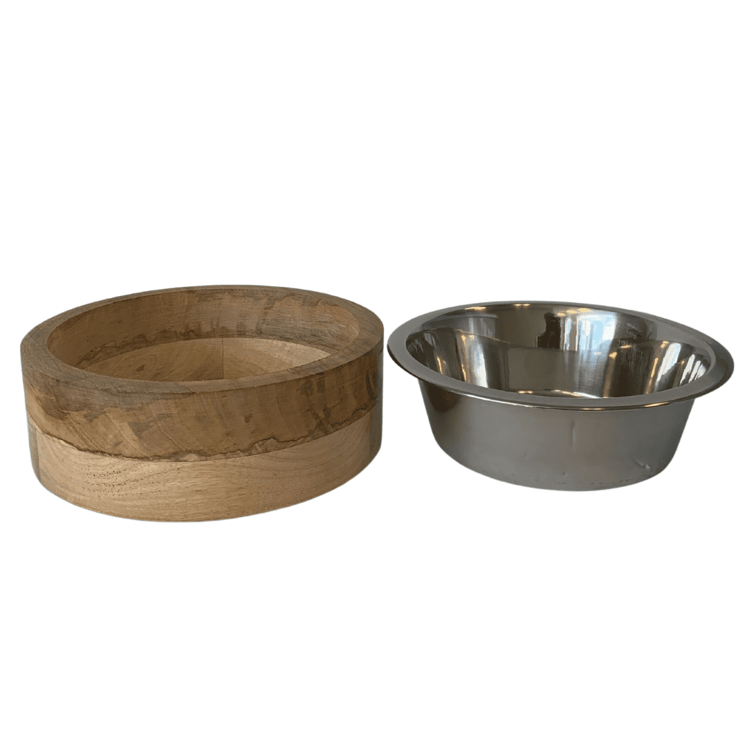Country Living Stainless Steel Dog Bowl with Cylindrical Mango Wood Holder, 1 Quart