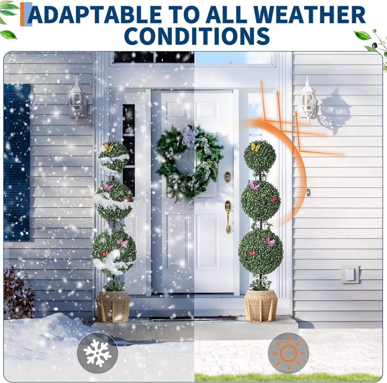 EastVita 4 FT Artificial Triple Ball Topiary Trees with Pot 2 PCS Topiary Trees Artificial Outdoor with Moss Vine Insect Decor All Year Green Outdoor Faux Plants for Front Porch Home Decor