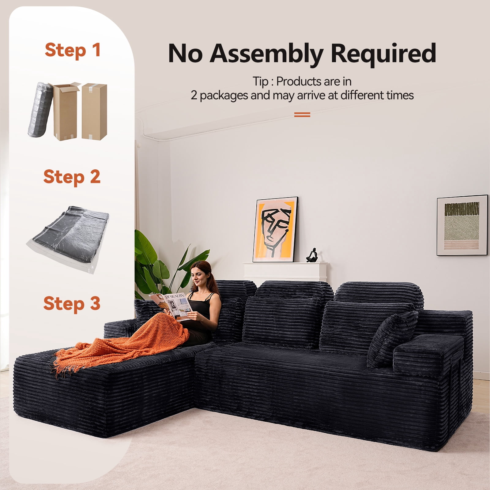 106" High Backrest Sectional Sofa&Couch, L-Shape Sectional Sofa Convertible Left or Right Chaise, Cloud Corduroy, Boneless Couches Comfortable for Living Room, Dark Grey