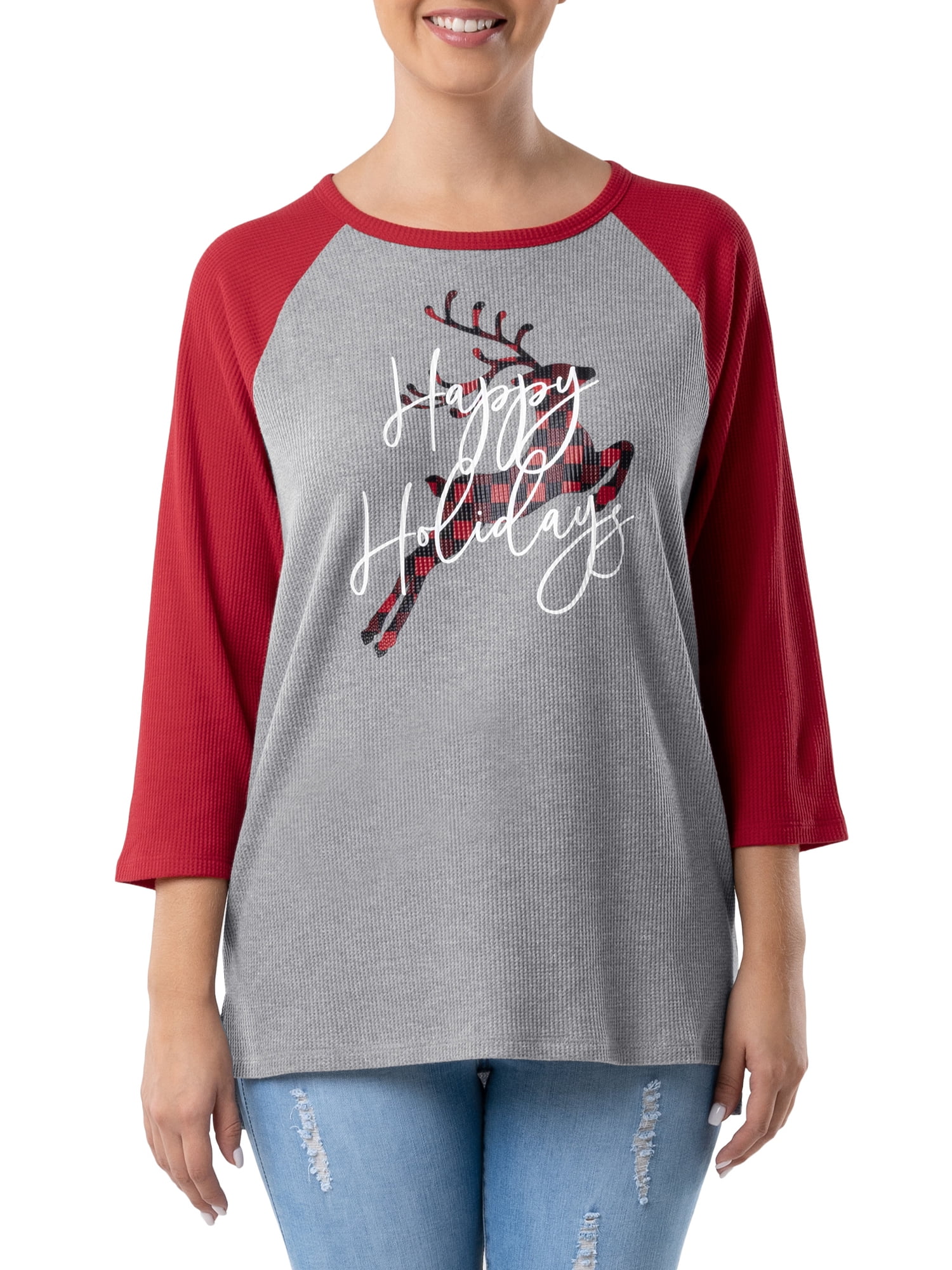 Holiday Time Women's and Women's Plus Christmas Raglan Long Sleeve Graphic T-Shirt