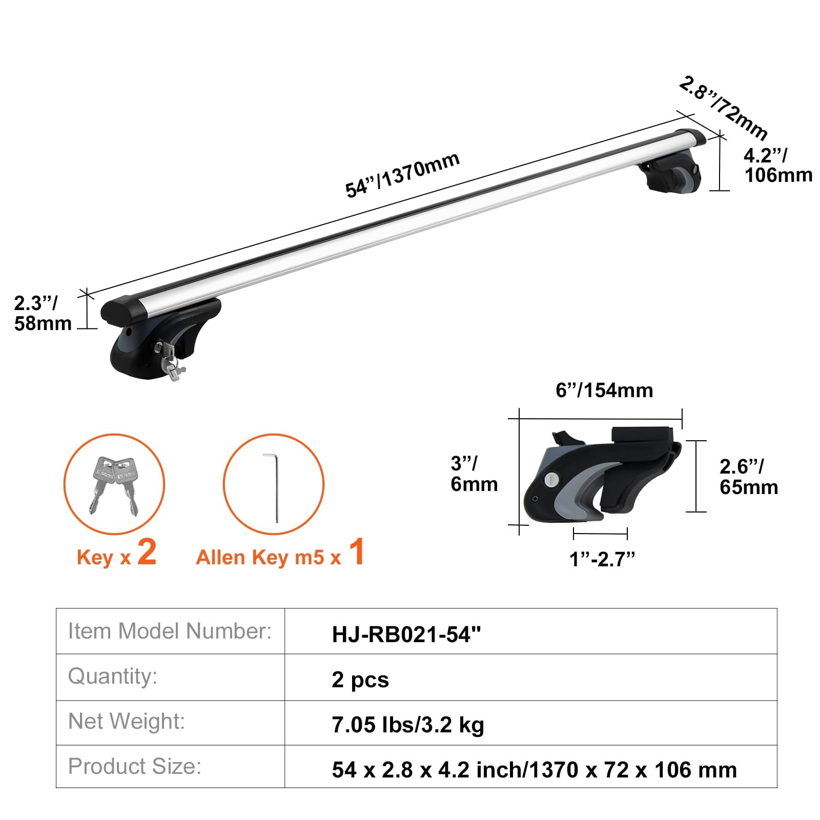 Universal Roof Rack Cross Bars, 54" Aluminum Roof Rack Crossbars, Fit Raised Side Rail with Gap, 200 lbs Load Capacity, Adjustable Crossbars with Locks, for SUVs, Sedans, and Vans