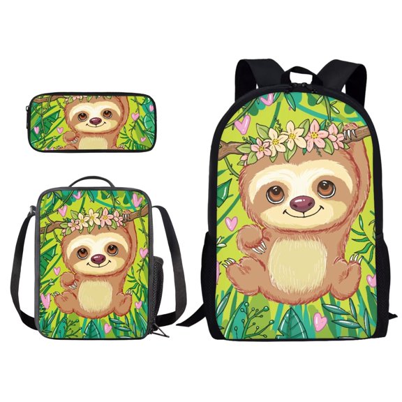 Xirimido Sloth Floral Leaf Green Pattern 3 Pcs Kids BookBag Lunch Box Pencil Bag for Primary/Middle School Bag Backpack Set for Boys Girls