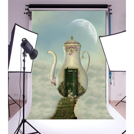 Image of ABPHOTO 5x7ft Photography Backdrop Dreamy World Fairy Tale Teapot Magic Door Steps to Heaven Moon Night Fantasy Photo Background Backdrops