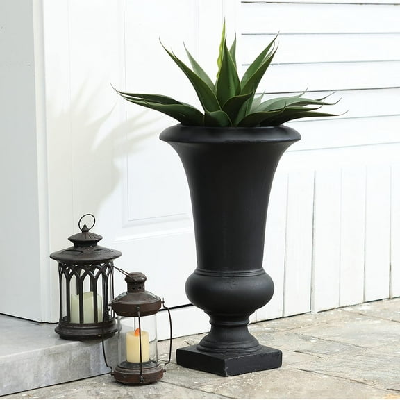 LuxenHome 23"H Concrete Tall Planter, Indoor Outdoor Large Pot with Drainage Hole and Rubber Plug, Modern Black Flower Pot for , Handmade Urn Planter Pot for Front Porch Home Garden Patio