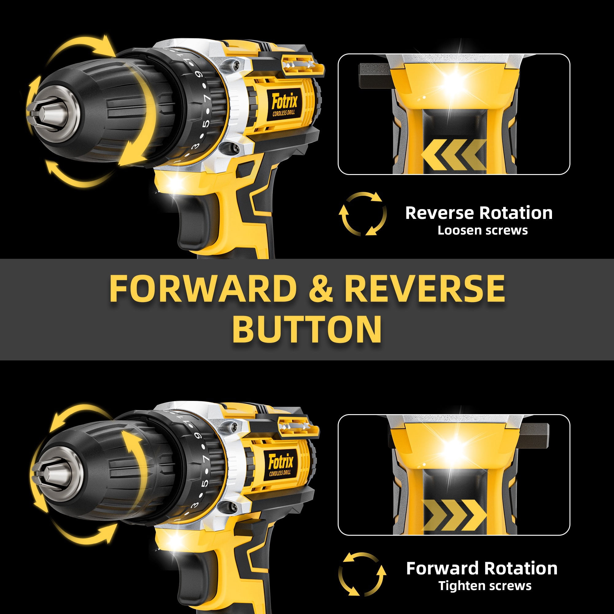 Fotrix 21V cordless impact drill (2.0Ah battery *1 with Tool box ) Powerful Motor for Drilling & Driving, 25+1 Torque Settings, 3-in-1 Versatile Working Modes, 2-Speed Control & Ergonomic Design