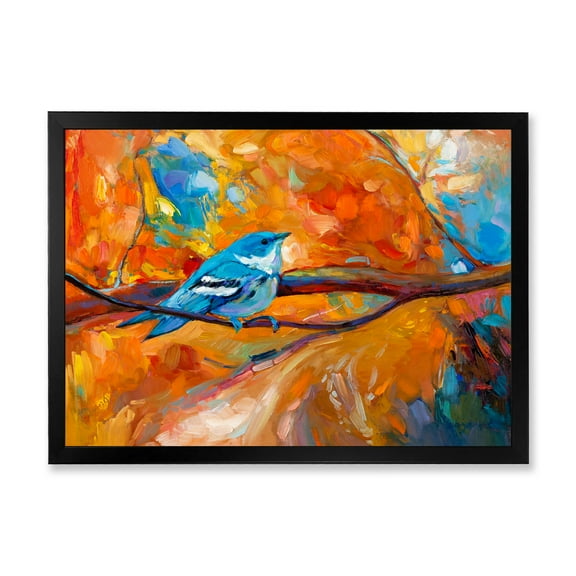 Designart 'Blue Cerulean Warbler Bird Sitting On A Branch' Traditional Framed Art Print