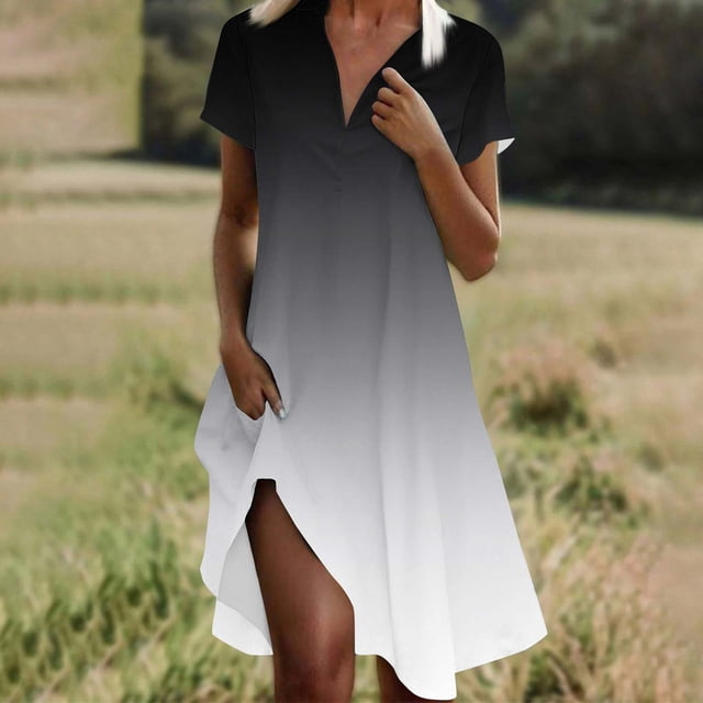 Ovzne Robes pour Femmes Robe Mode Femmes Dégradé Imprimé Col en V Manches Courtes Robe Ample et Confortable Robe d'Été Manches Courtes Imprimée Liquidation