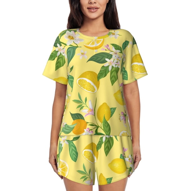 Balery Lemon Conjunto de Pijama para Mujer con Estampado, Dos Piezas de Manga Corta y Shorts, Ropa de Dormir Suave con Cuello Redondo y Bolsillos-Medium
