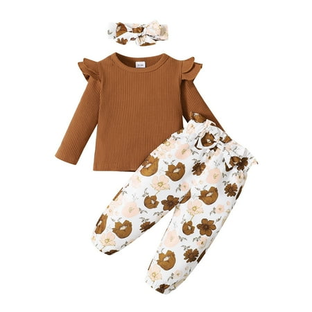 

3T Baby Girls Outfits 4T Girls 3PCS Fall Winter Clothing Set Toddler Girls Long Sleeve Top Pants Headband Set Brown