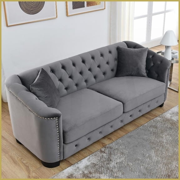 77-Inch Modern Chesterfield Velvet 3-Seater Sofa with Tufted Back & Nailhead Arms – Grey for Living Room Bedroom Office