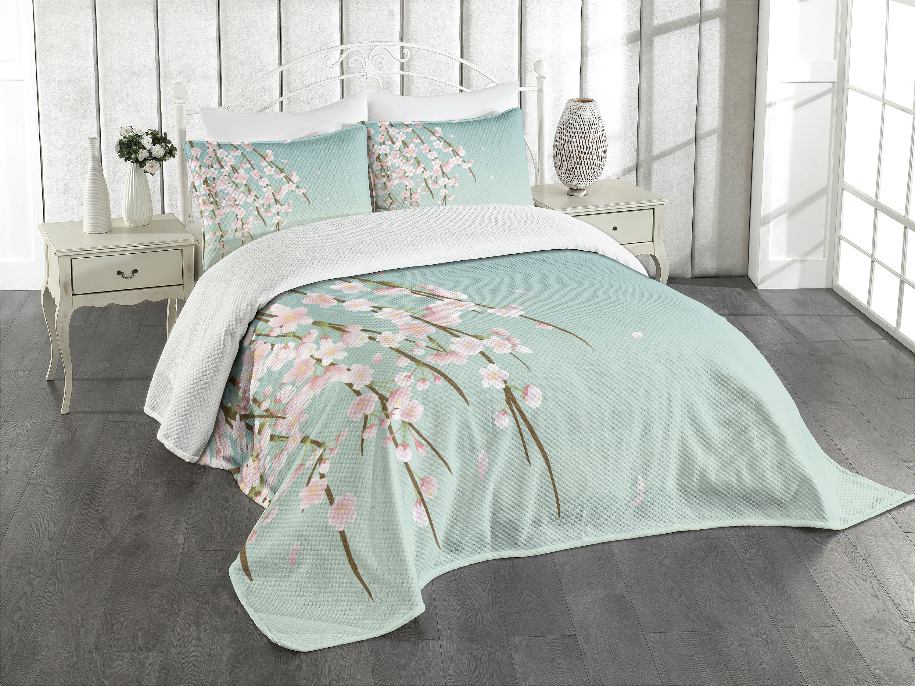 Weeping Flower Bedspread Set King Size, Freshly Blooming Cherry Blossom Branches with Flower Buds, Quilted 3 Piece Decor Coverlet Set with 2 Pillow Shams, Pale Pink Baby Blue Taupe, by Ambesonne - image 3 of 5
