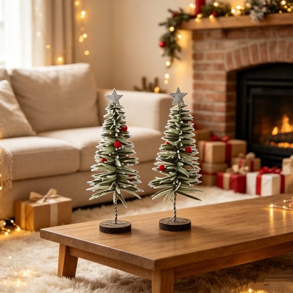 2pcs Mini Christmas Tree Ornament Set, Tabletop Wreath Style Holiday Decorations, Shelf Mantel Desk Window Accent, Festive Small Space Home Display, Seasonal Home Accent, Green