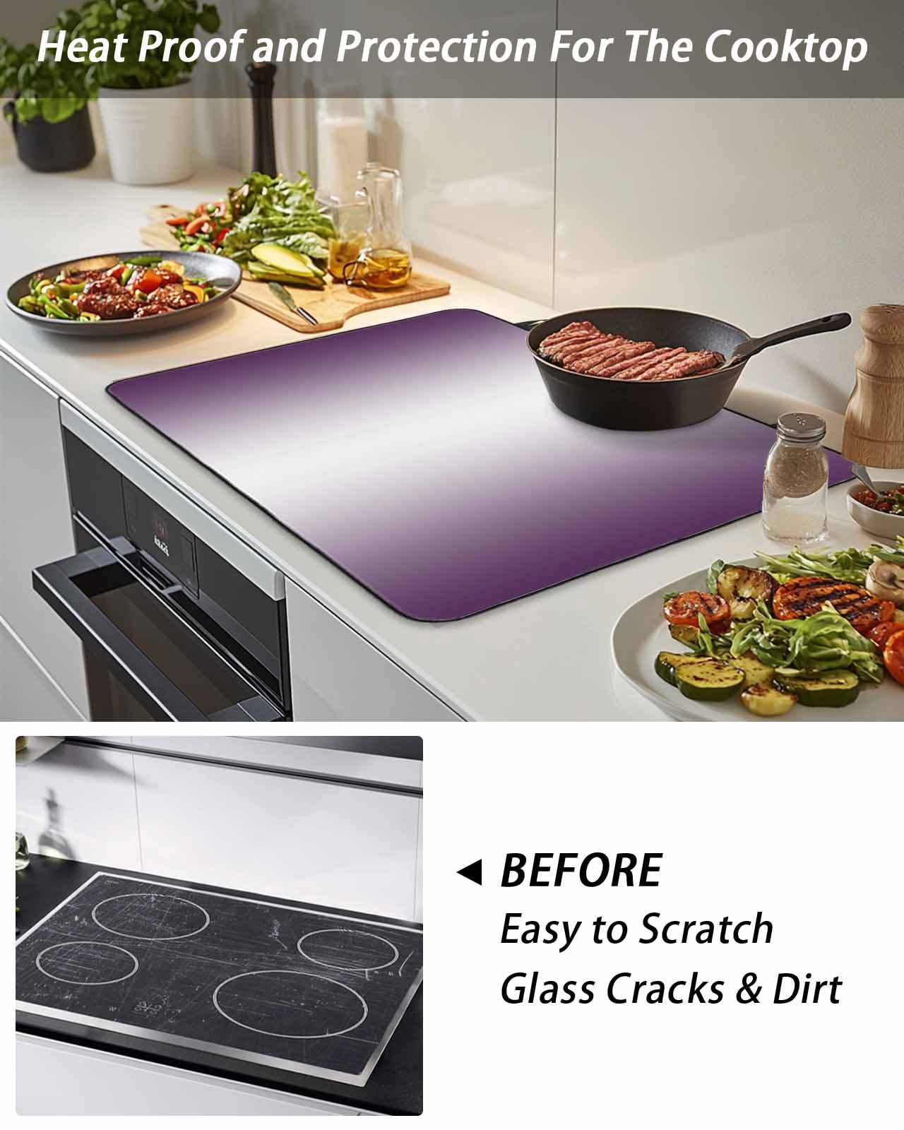 Stove Top Covers for Electric Stove, Dark Purple Ombre Glass Stovetop Cover Protector, Purple White Gradient Modern Abstract Art Induction Cooktop Protector Oven Mat for Kitchen Countertop 24"x21"