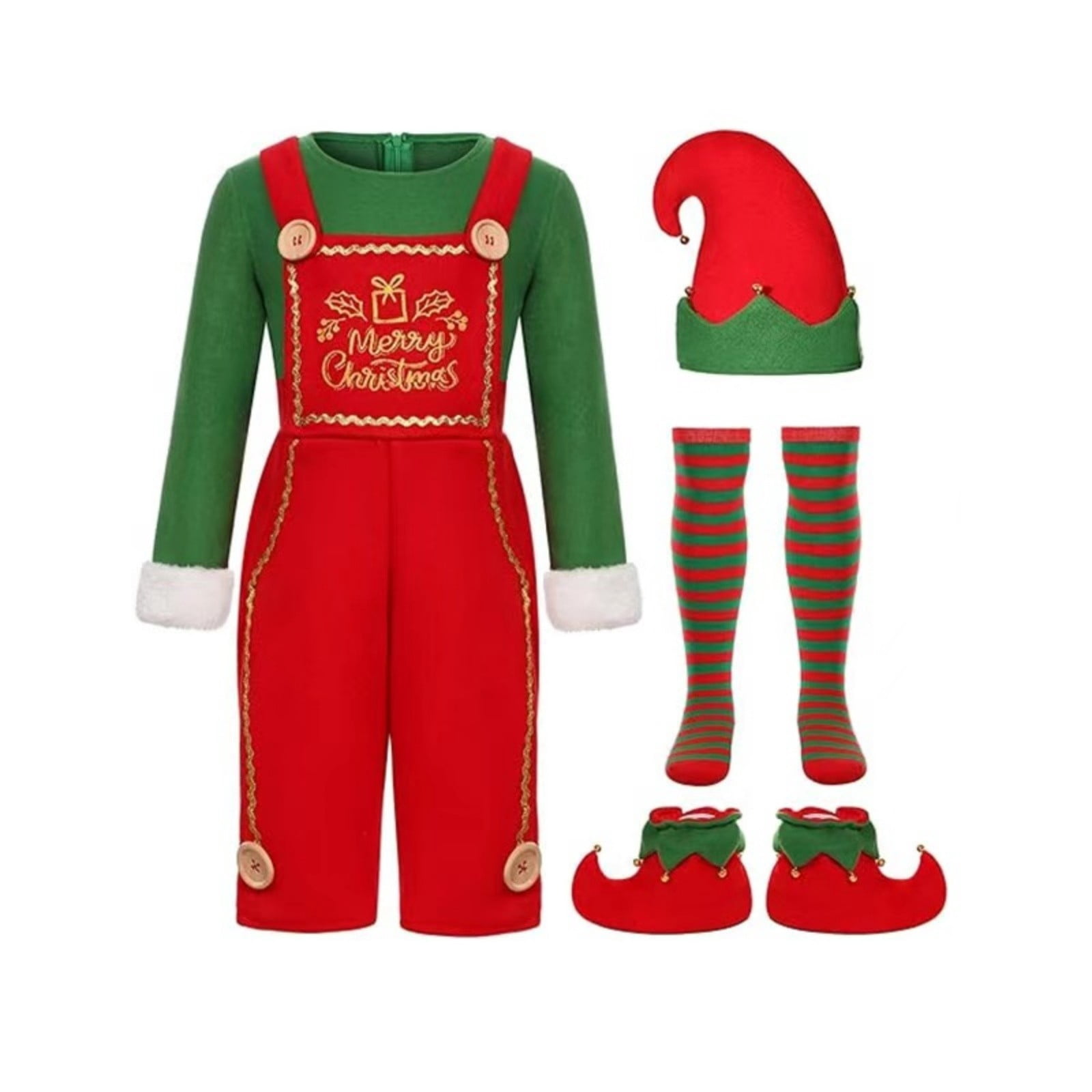 DHFJKG Mens Christmas Elf Dress Up Outfits 2 In 1 Onesies With Hat Striped Socks Shoes 4 Piece Sets Party Wear For Festive Celebrations Cozy Outfit
