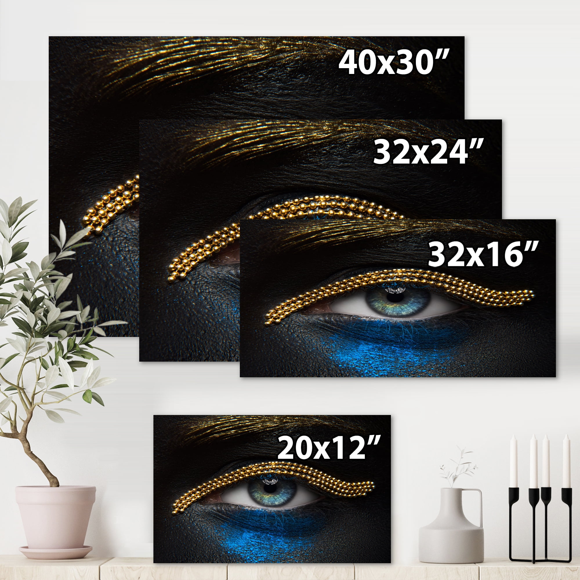 Designart ' Girl Eyes With Gold Chain and Blue Pigment ' Modern Canvas Wall Art Print