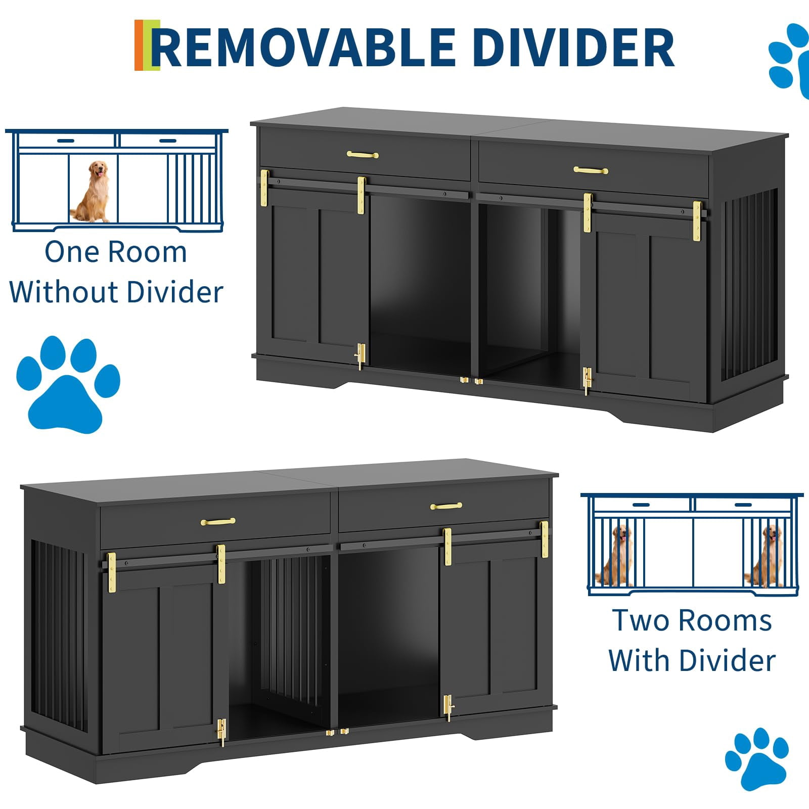 71" Dog Crate TV Stand for 2 Large Dogs, Extra Large Double Dog Kennel Furniture with 2 Drawers and 2 Lockable Sliding Doors, Wooden Furniture Dogs Crate for Indoor Home Living Room（ship in 2 boxes）
