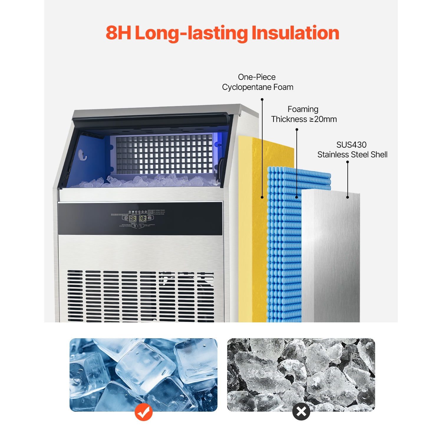 KFFKFF 440lbs/24H 160 Ice Cubes with 88lbs Storage Capability Commercial Ice Maker Machine Stainless Steel Under Counter ice Machine 27.76 in W, 45.47 in H with Auto Clean