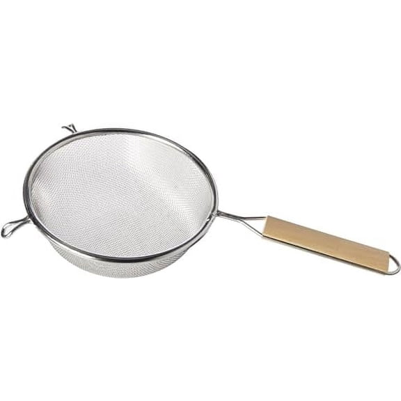 Soro Essentials- 6" Stainless Steel Single Fine Mesh Strainer with Wooden Handle Pan Hook - Single Tinned Fine Kitchen Food Strainer for Sift Drain Straining Liquids Stocks Sauces Soups Pasta