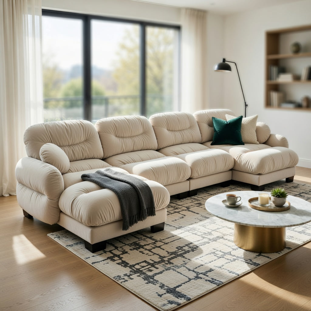 Hommoo Chenille 4-Seat L-Shaped Modular Sectional Sofa with Ottoman, Ergonomic High-Density Foam Cushions, Curved Armrests & 2 Round Throw Pillows, Pleated Back Design, Beige