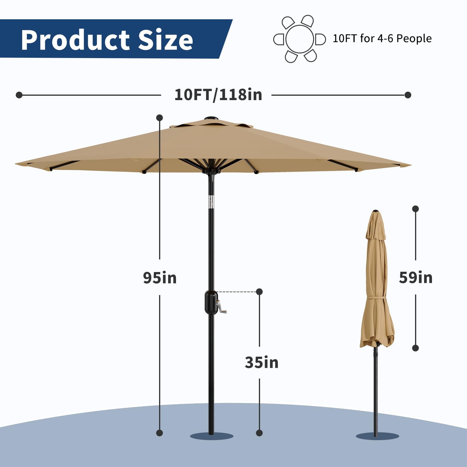 Shininglove Outdoor Market Patio Umbrella w/Crank – 10 Ft Large Tilt Umbrella for Deck, Garden, Pool – UV & Water-Resistant, Wind Vent, Push-Button Tilt