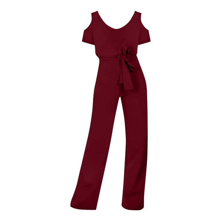 Drawstring V-Neck Short Sleeve Polyester Jumpsuits,Hollowed
