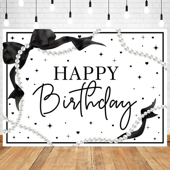 Black Bow Happy Birthday Backdrop Coquette White Pearls Bowknot Birthday Photography Background for Girls Women Birthday Party Decorations Banner Photo Booth Props