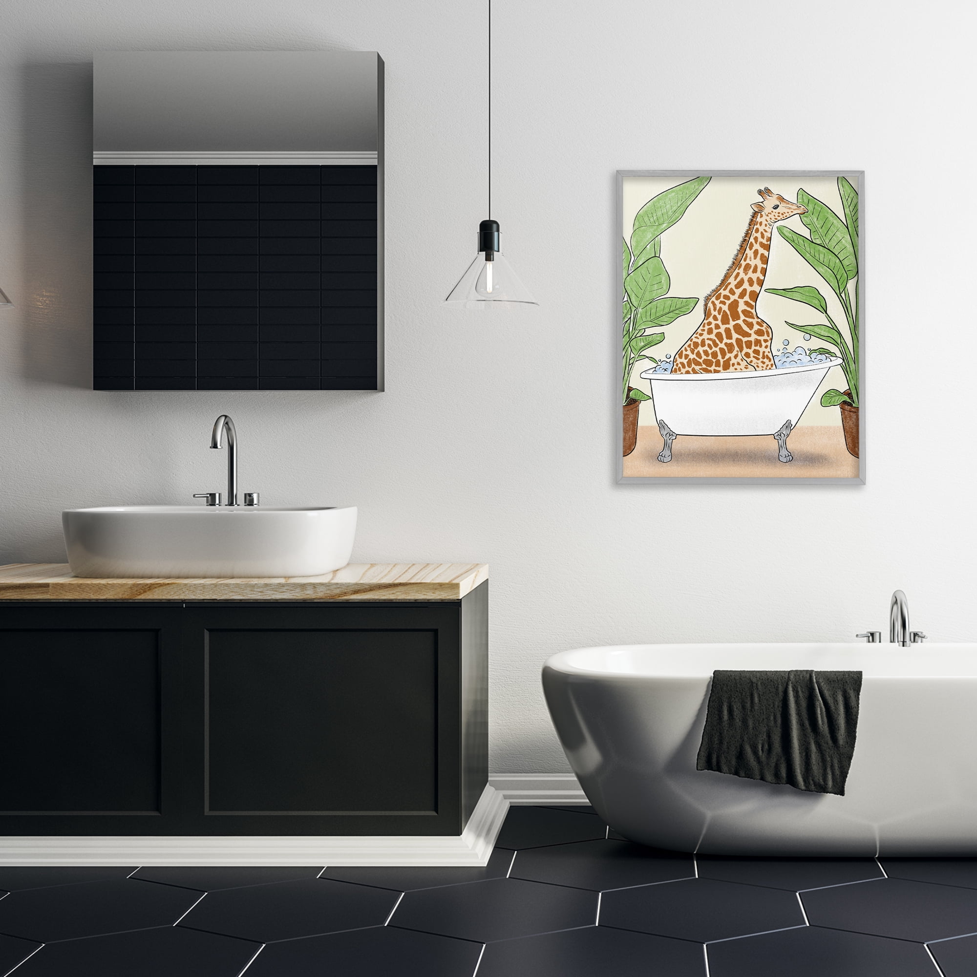 Stupell Industries Bathing Giraffe & Plants Gray Framed Giclee Art, design by Marcus Prime
