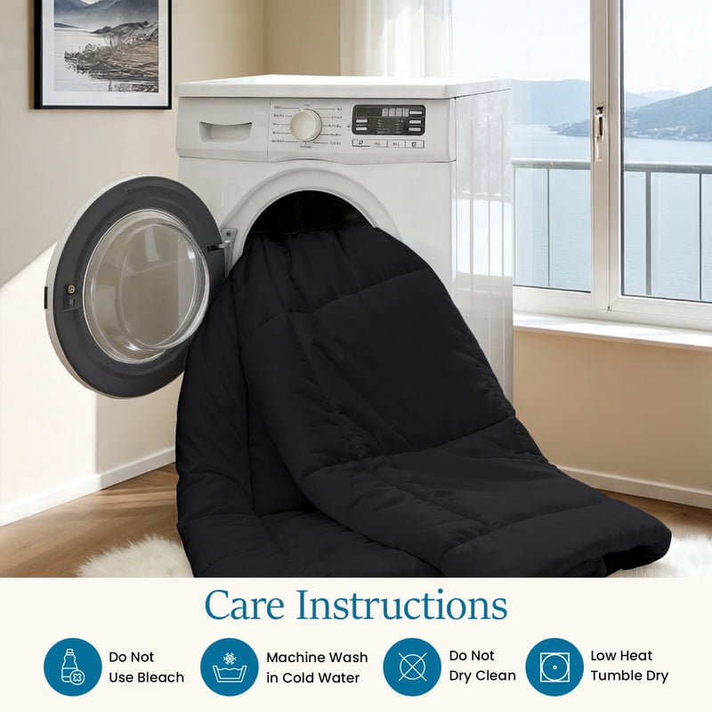 100% Cotton All-Season Comforter - Box Stitched Comforter - Bedding with Corner Tabs Machine Washable Lightweight Color Black Solid Pattern Size Twin (66"x90")