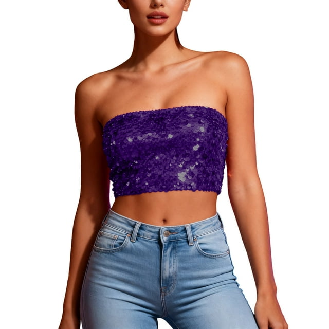 Womens Tube Tops,Casual Strapless Basic Backless Sleeveless Bandeau Going Out Crop Sequins,Womens Tops