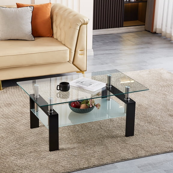 GARITIN Tempered Glass Coffee Table, 2-Tier Living Room Center Table with Clear Glass Top & Metal Legs, 39.37 Inch Modern Sofa Table, Glass Coffee Table for Small Space Apartment, Transparent