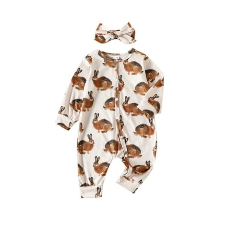 

Calsunbaby Newborn Baby Girls Boys 2Pcs Easter Outfits Long Sleeve Snap Up Bunny Print Jumpsuit Headband Set Apricot 12-18 Months