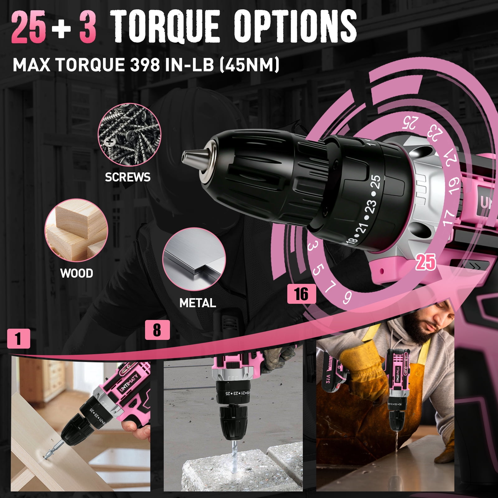 UNTIMATY 21V Cordless Power Drill Set, Power Drill Driver Kit with Lithium-Ion Battery and Charger, 3/8-Inch Keyless Chuck, 2 Variable Speed, 25+3 Position and 31pcs Drill/Driver Bits, Pink