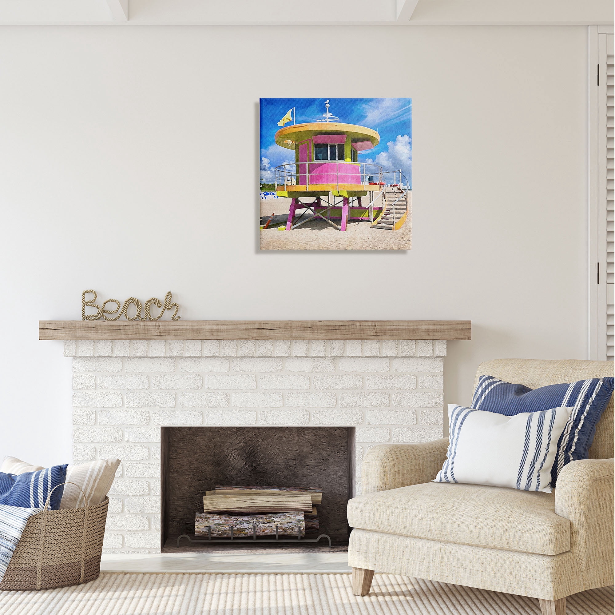 Stupell Industries Pink Lifeguard Hut Nature Painting Gallery Wrapped Canvas Print Wall Art, 24 x 24