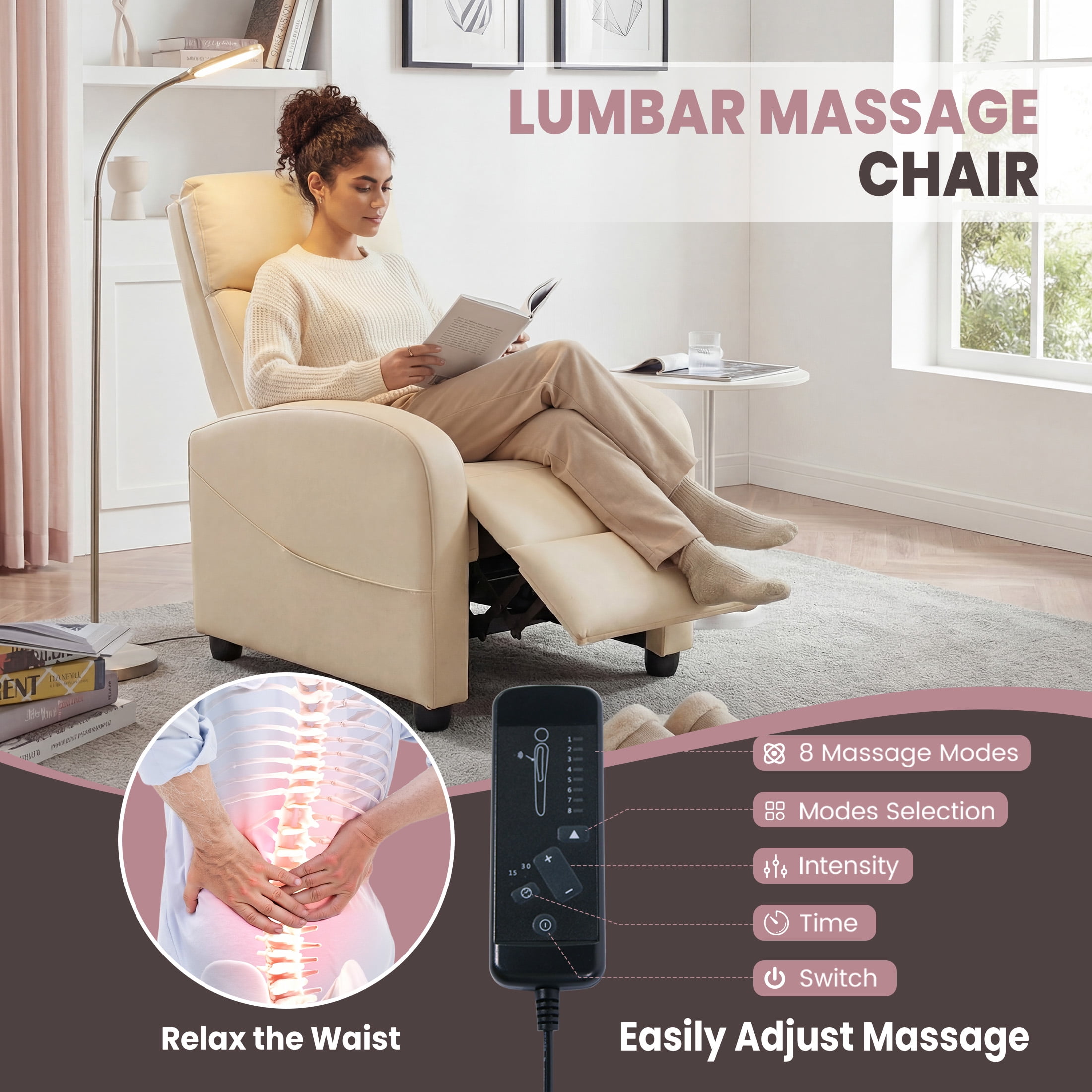CONCETTA Vibration Massage Recliner Chair, 160° Reclining Small Sofa for Living Room & Home Theater, 275lbs Capacity, Relaxing Comfort, Beige
