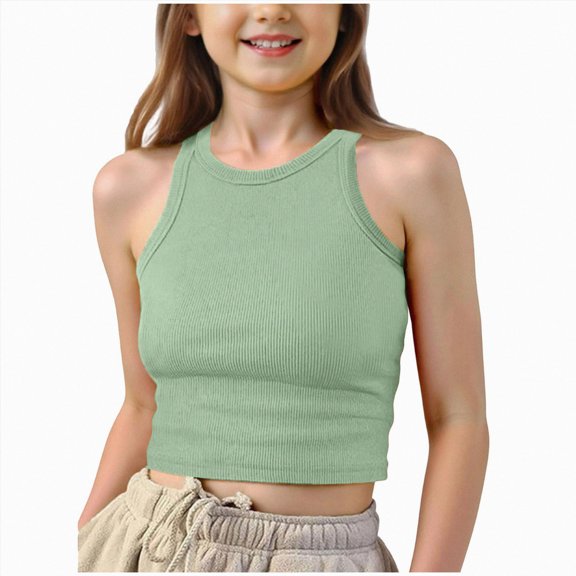 Girls Tank Top Crewneck Sleeveless Top Solid Color Summer Kids Gymnastics Clothes Mint Green 13-14 Years