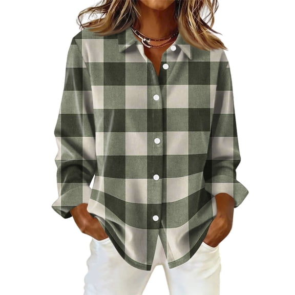 KDDYLITQ Women Plaid Top Long Sleeve Patchwork Shirts Button Down Flannel Blouses Casual Dressy Fall Jacket Army Green XL