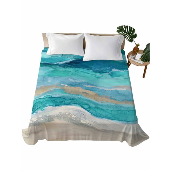 Teal Coastal Flat Sheets Only Full Size, Soft Breathable Bed Top Sheets for Mattress, Summer Beach Nautical Abstract Art Luxury Bedding Flat Sheets for Home Hotel Bedroom Bed Protection