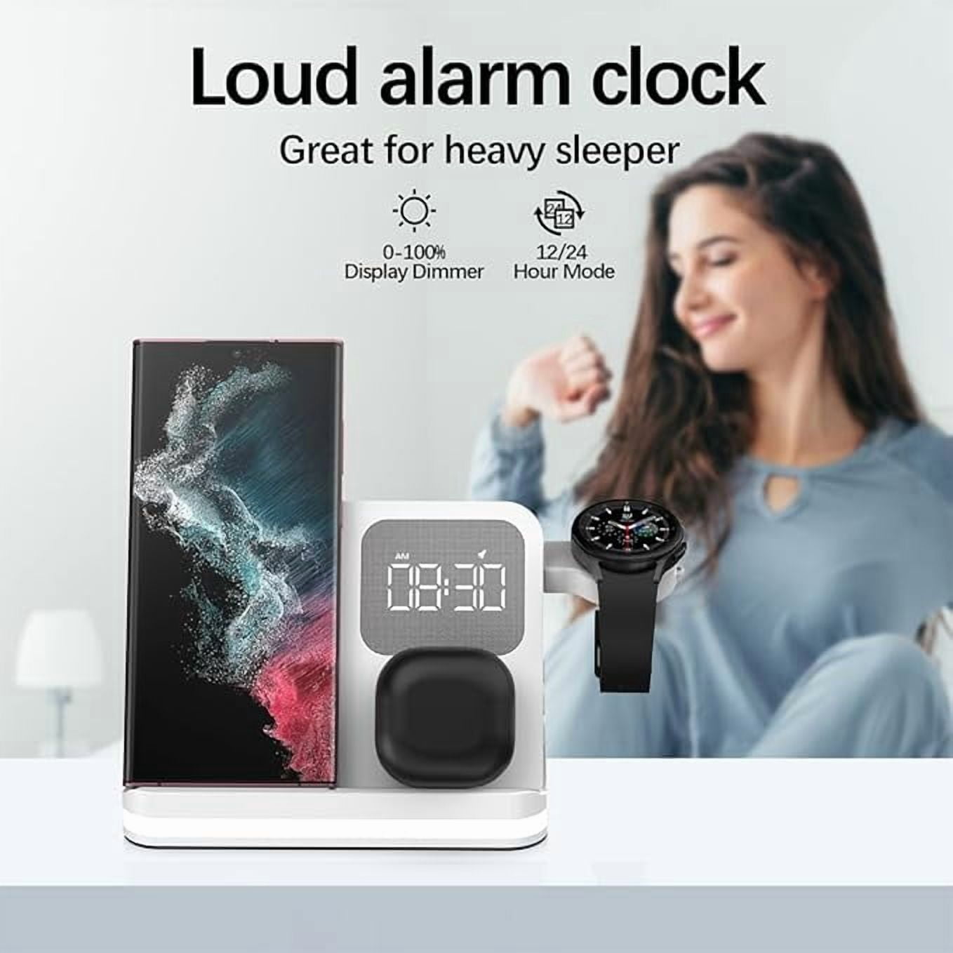6 in 1 Wireless Charging Station Compatible with Apple Multiple Devices iPhone, AirPods, and Apple Watch - Phone Wireless Charger Fast Charging with Night Lamp and Clock, White