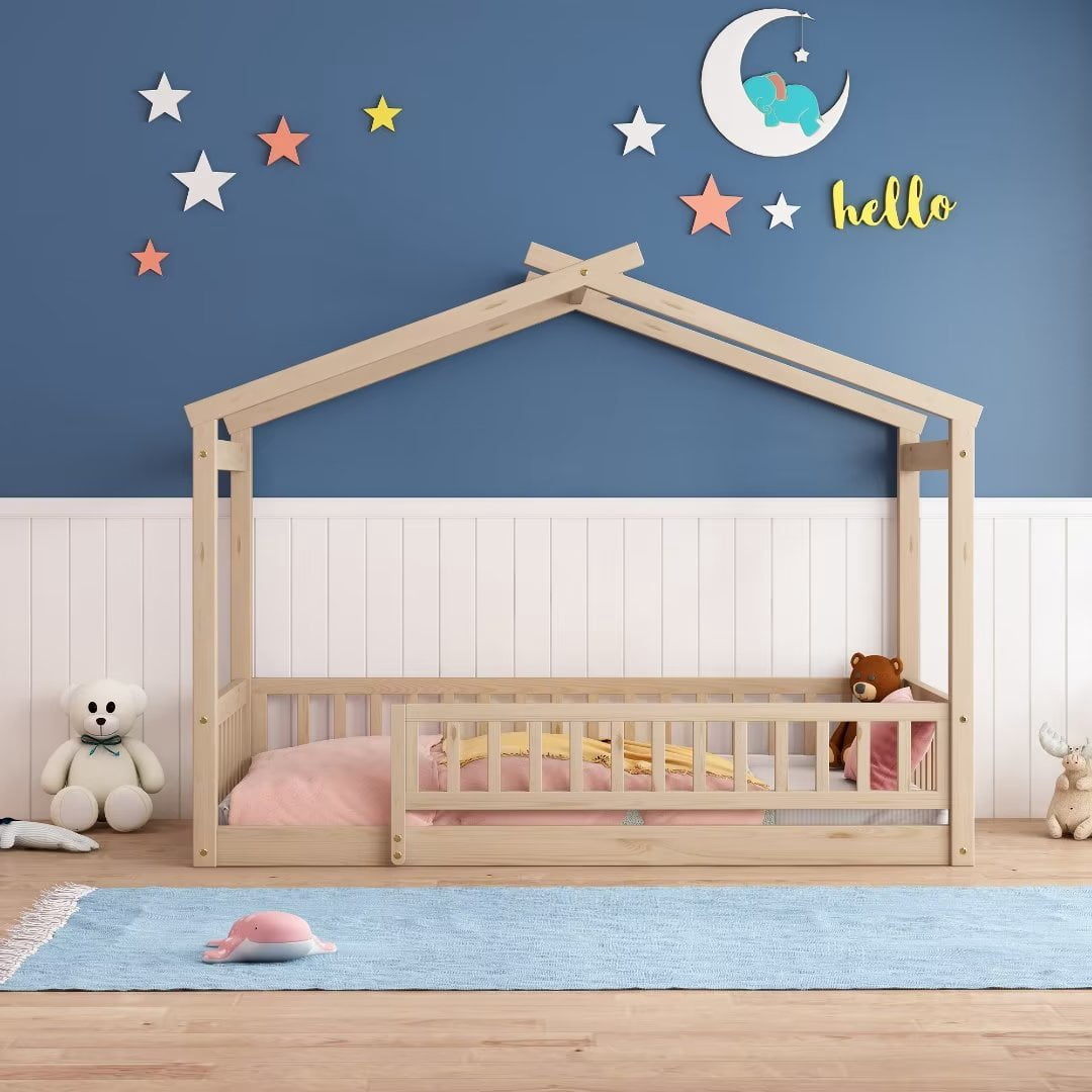 Twin Size House Bed, Wood Floor Bed with Fence and Roof, Montessori Bed Playhouse Bed Toddler Bed Frame for Kids Girls and Boys, Natural