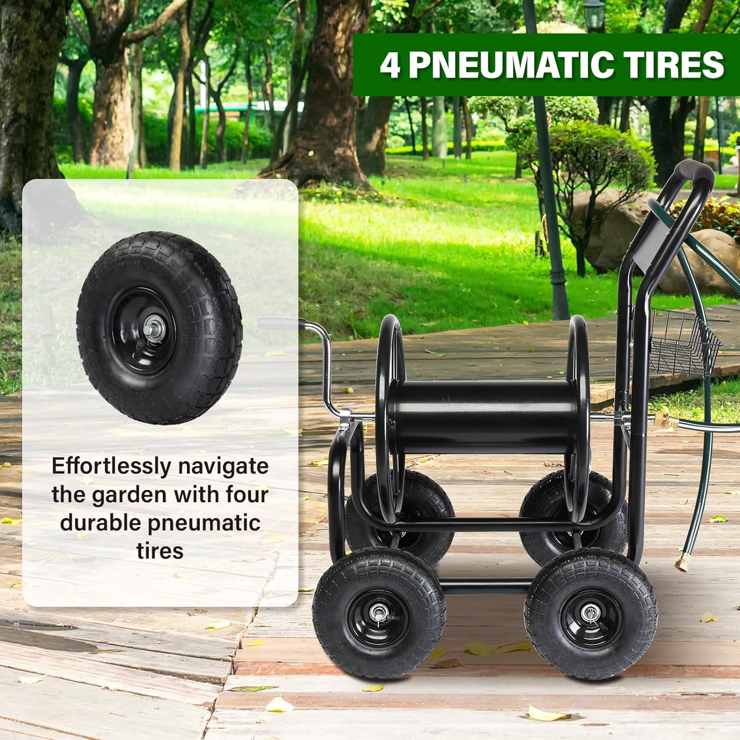 Neatifyes 4-Wheel Garden Hose Reel Cart with Storage Basket, Portable Residential Hose Reel Cart, Lawn Watering, for Garden Backyard and Farm