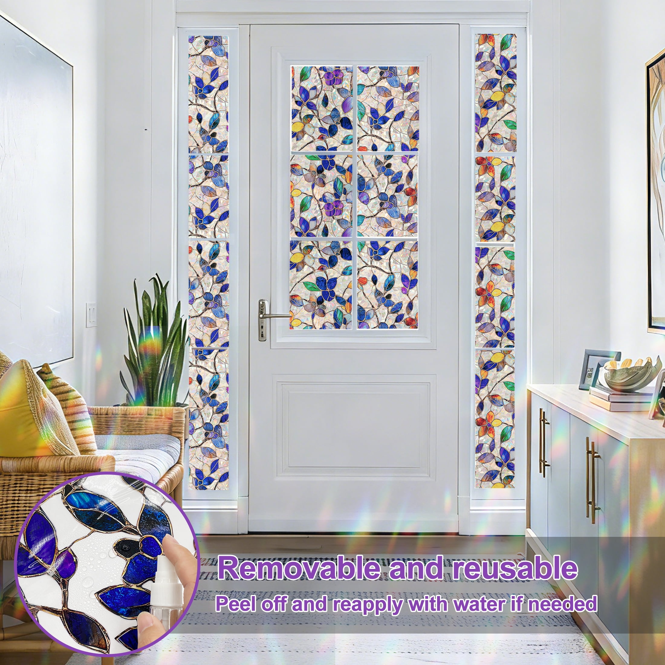 Countewol Window Privacy Film with Installation Tools Home Decorative Colored Glass Window Stickers Reusable electrostatic Rainbow Stickers