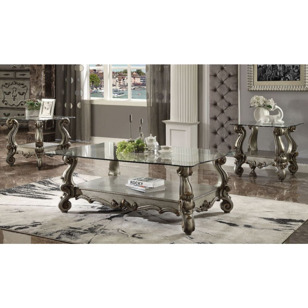 Antique Platinum Glass Top End Table with Scrolled Legs