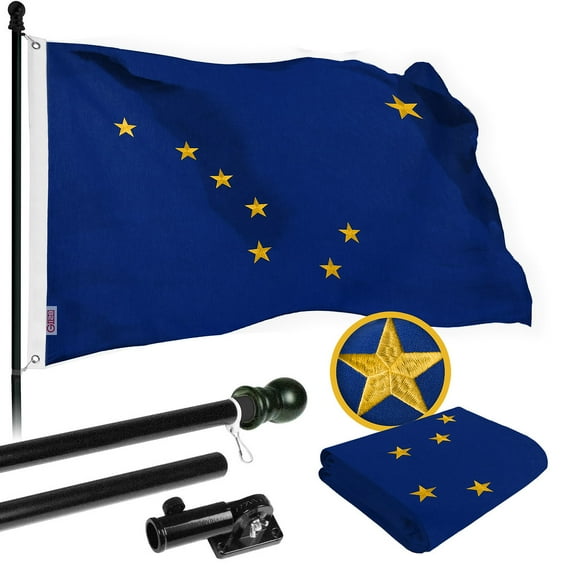 G128 Combo Pack: 6 Ft Tangle Free Spinning Flagpole (Black) & Alaska Flag 3x5 Ft Embroidered 220GSM Spun Polyester, Brass Grommets (Flag Included) Aluminum Flag Pole