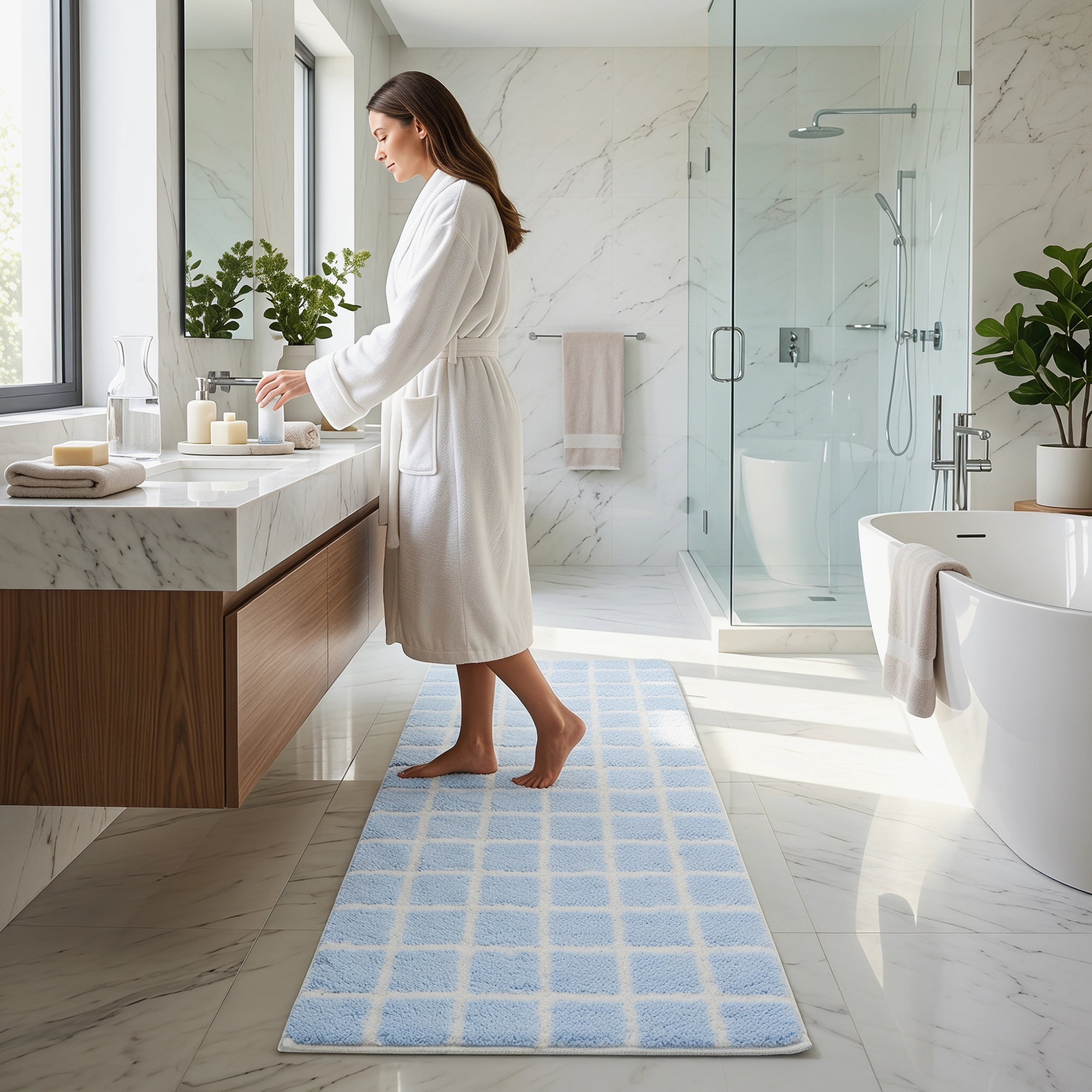 Unique Bargains Geometric Runner Rug Shaggy Bedside Non-Slip Hallway Carpet Blue Plaid
