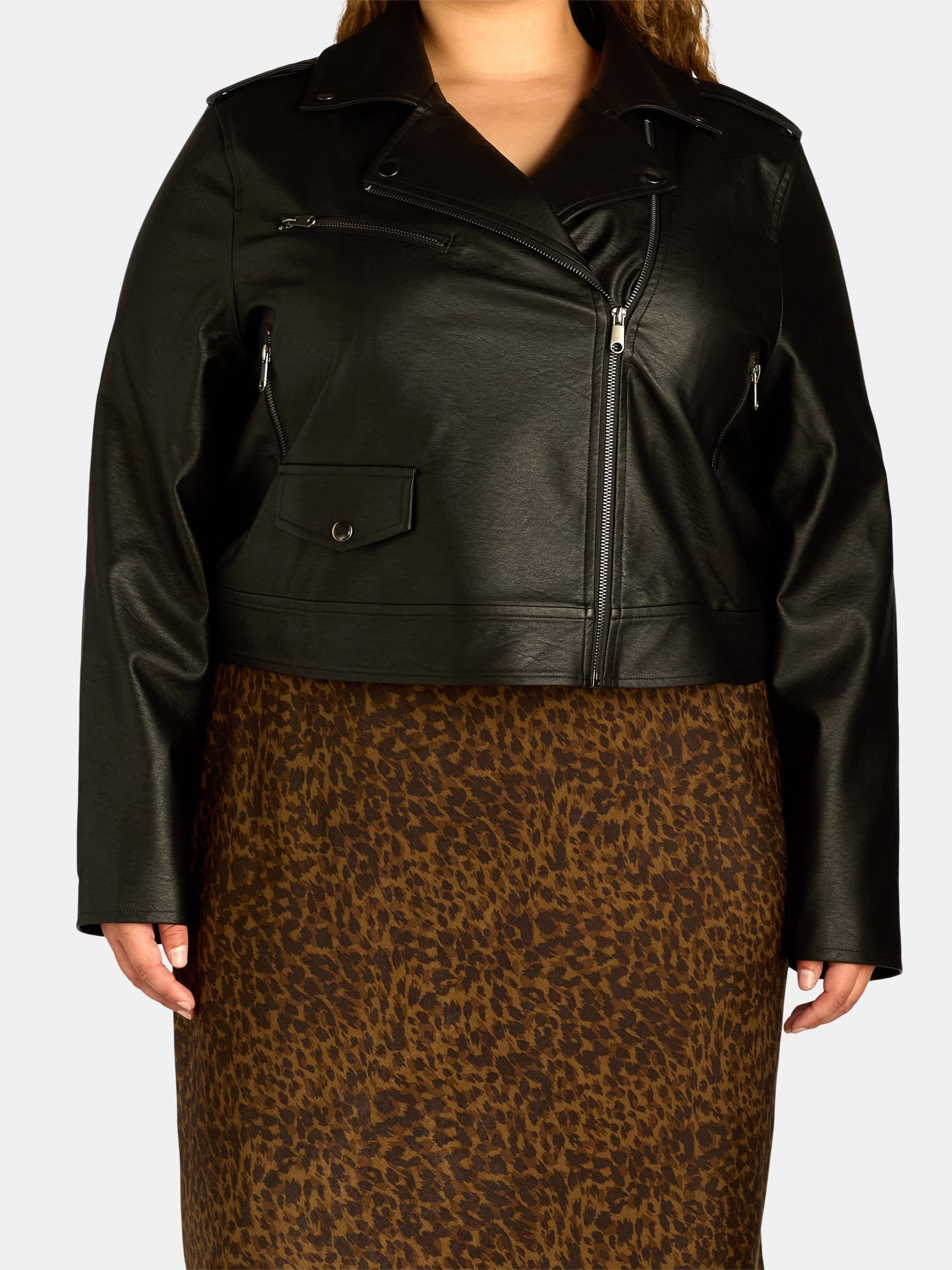 Terra & Sky Black Label Women's Plus Size Faux Leather Moto Jacket, 0X-4X