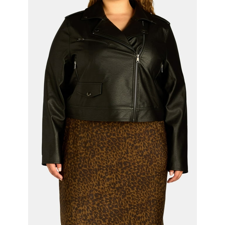 Terra Sky Black Label Women s Plus Size Faux Leather Moto Jacket 0X 4X Walmart