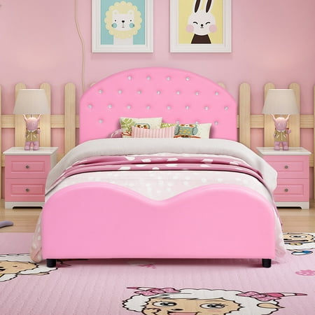 Kids PU Upholstered Platform Wooden Princess Bed Bedroom ...