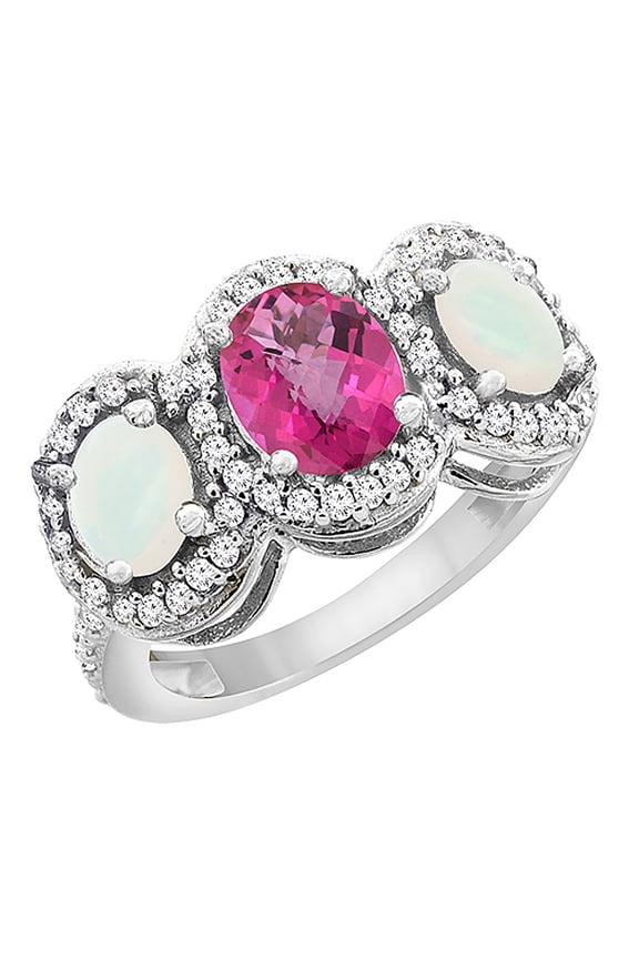 10K White Gold Natural Pink Sapphire & Opal 3-Stone Ring Oval Diamond Accent, size 9