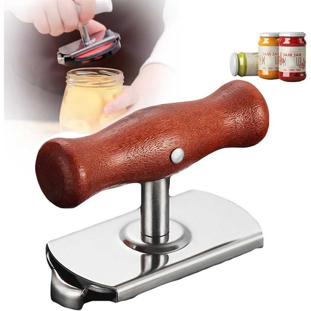 Abridor de frascos ajustable de acero inoxidable para tapas de 1 a 4 pulgadas, con engranajes, ahorra mano de obra y mango de madera para almacenamiento en la cocina.